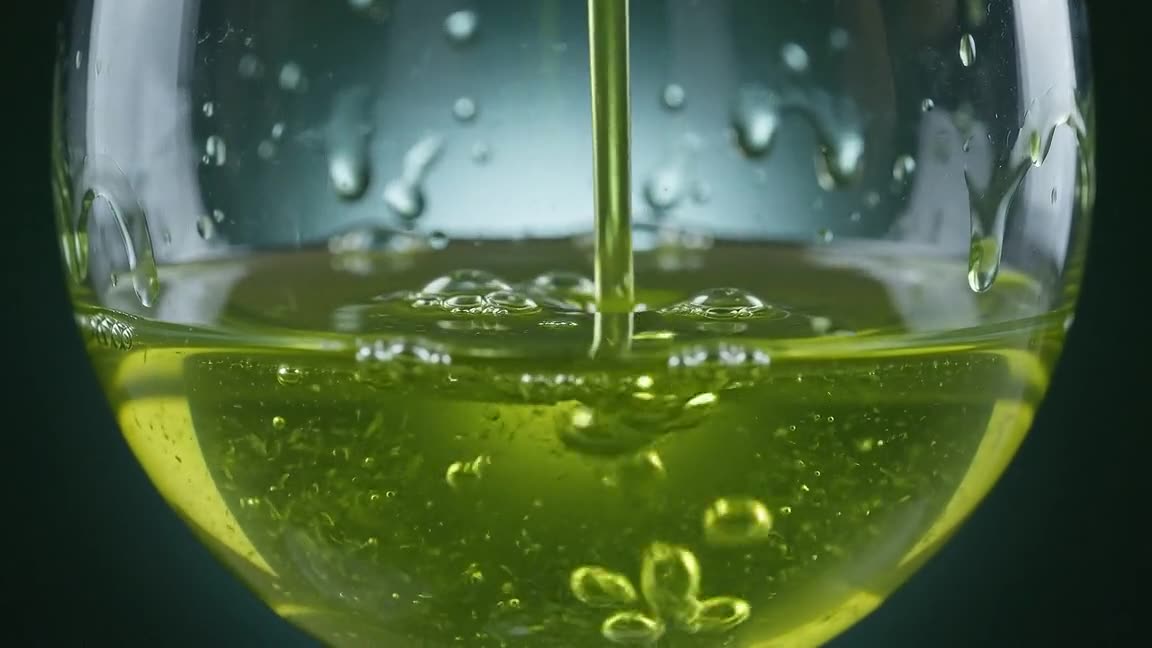 Aceite verde intenso y turbio cayendo en una copa de cristal a contraluz