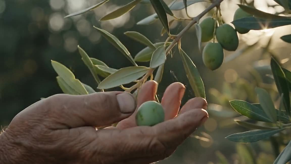 Una mano recoge una aceituna verde de la rama a contraluz